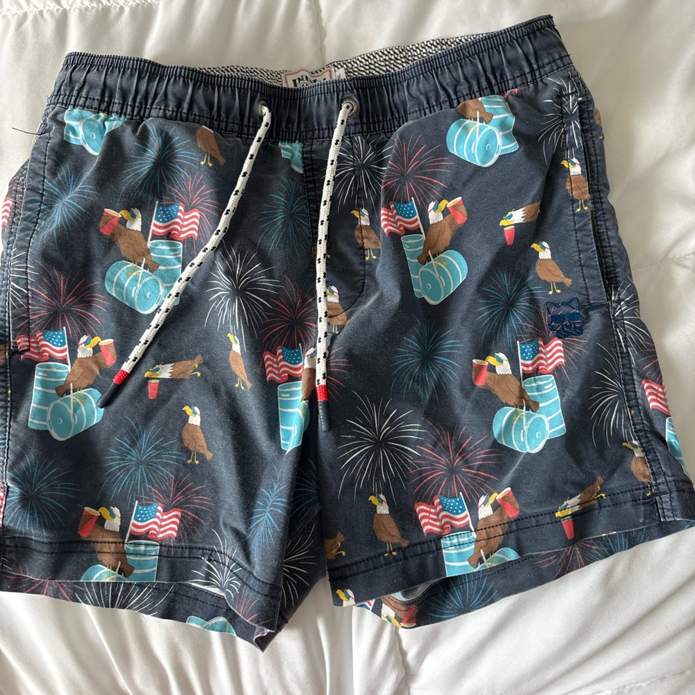 Men's Patriotic Eagle Print Swim Shorts - Navy with Turquoise & Red